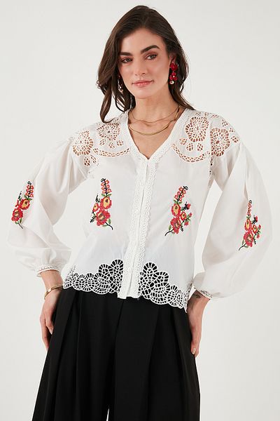 Lela Cămașă cu decolteu în V ajurata din bumbac brodat 676214