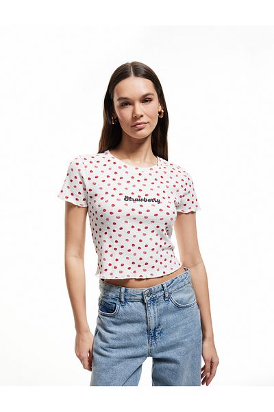 Koton Short Sleeve Crop Crew Neck Strawberry Print T-Shirt