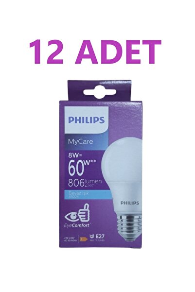 Philips 12 ADET Philips BEYAZ LED AMPUL 8-60W 6500K 806 LUMEN ENERJİ TASARRUF...