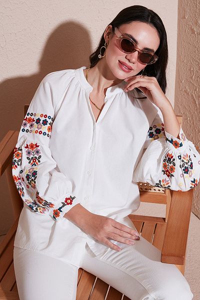 Lela Κέντημα Κεντημένο Βαμβακερό Oversize Πουκάμισο με λαιμόκοψη 676253