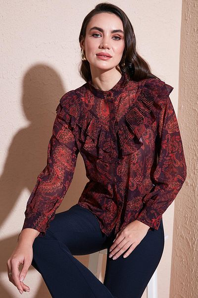 Lela Patterned Standard Fit Judge Collar Chiffon Shirt 611Go00334