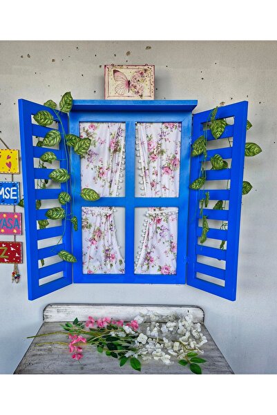 Home AHŞAP DEKORATİF PANJURLU PENCERE, BAHÇE BALKON DEKORASYONU, 100X75 CM MAVİ