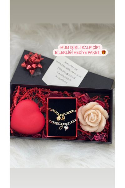 Hediyedukkani Dear Couple Bracelet - Steel Heart Design with 2 Letters, Friend Candle and Light