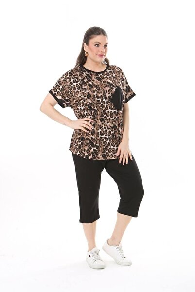 kısmet sepeti Γυναικείο σετ μαύρης τσέπης με λεοπάρ σχέδιο, Lycra 2'li και μανίκι Capri