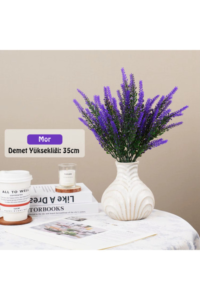 Yapay Çiçek Deposu 5 Dal Plastik Lavanta Demeti 35 cm Yeşil-Mor