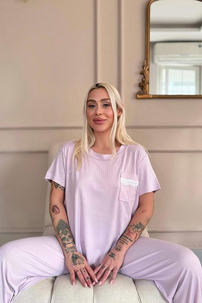 Pijamaevi Set de pijamale din dantelă cu mânecă scurtă Dublin liliac