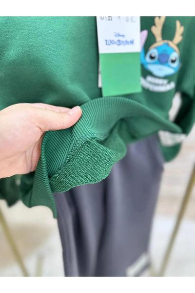 Magu Stitch Printed Girls/Boys Oversize Sweatshirt and Sweatpants Set - Green