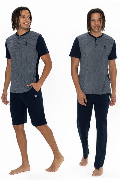 U.S. Polo Assn. Βαμβακερό σετ πιτζάμες και σορτς 3 τεμαχίων - γιακάς με κουμπιά, καρό σχέδιο, με τσέπες