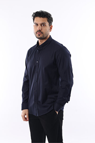 İDS COLLECTİON Lacivert Slimfit Pamuklu Oxfort LikraLI Yaka Düğmeli Uzun Kol Erkek Gömlek