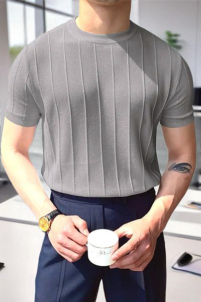 Oksit Ανδρικό πλεκτό μπλουζάκι Toro ριγέ Lycra Slim Fit Crew Neck