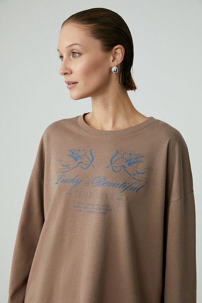 GRIMELANGE Yoselin Women's Long Sleeve Printed Round Neck Light Brown Blouse