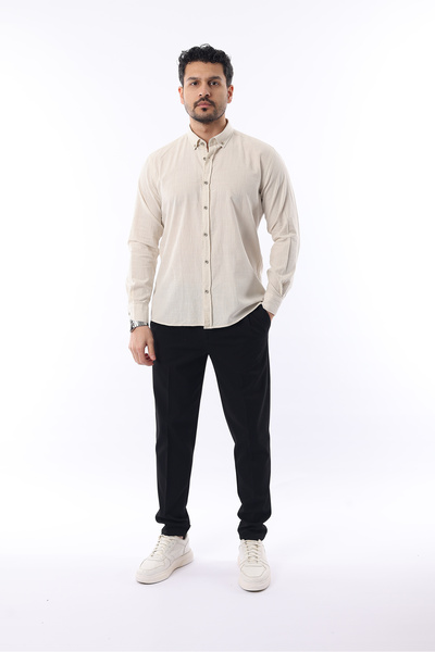 İDS COLLECTİON Мъжка прилепнала тънка яка с копчета и яка, ленена визия, 100% памучна фламирана риза