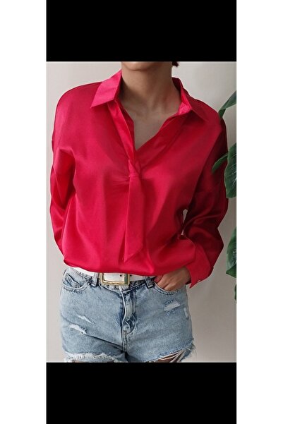 Dagü Design Kadın Seyyar Fularlı Pembe Saten Gömlek