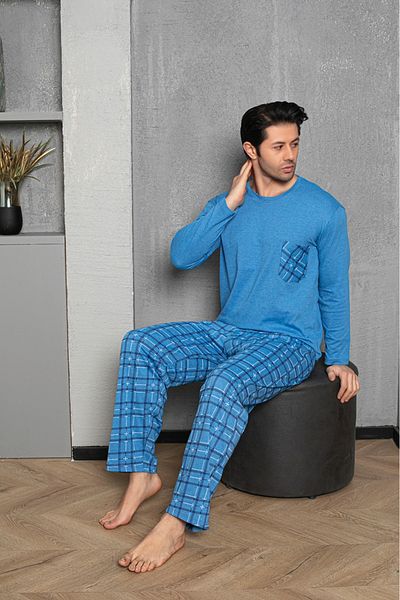 Sude HOMEWEAR Ercan Ανδρικό Ice Blue - Πάνω τσέπη και κάτω καρό Pjm Tkm