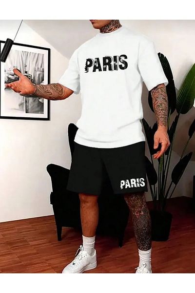 aynewmoda Paris Print Short Sleeve T-Shirts and Shorts