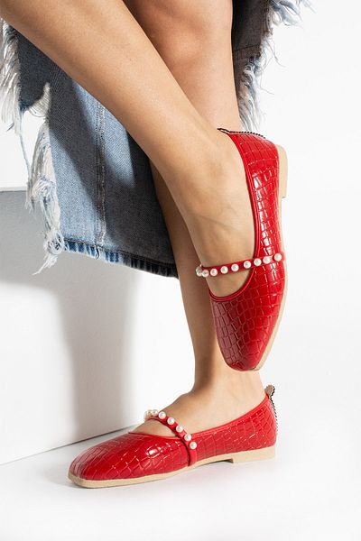 Moda Devrin Women's Red Crocodile Pearl Ballerina Home and Outdoor Shoes