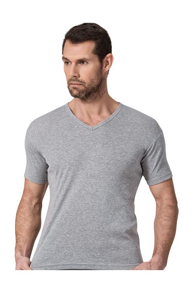 Yıldız Çamaşır Men's 6-Piece Gray V-Neck Ribbed Short Sleeve Undershirt Body Undershirt