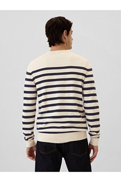 GAP Erkek Kırık Beyaz %100 Pamuk Çizgili Kazak