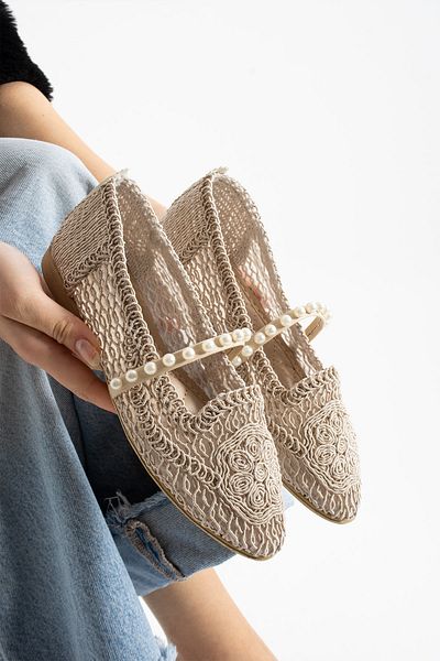Moda Devrin Γυναικείες μπεζ πλεκτές μαργαριταρένιες μπαλαρίνες για το σπίτι και το εξωτερικό