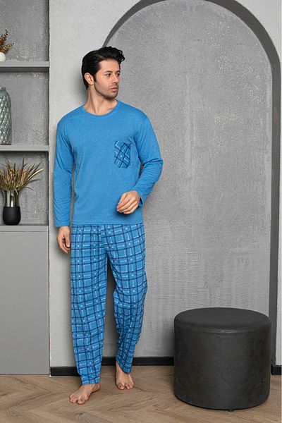 Sude HOMEWEAR Ercan Ανδρικό Ice Blue - Πάνω τσέπη και κάτω καρό Pjm Tkm