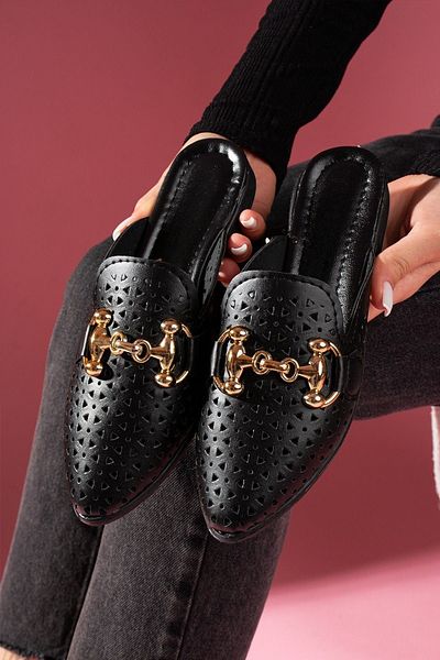 FUGA MODA Δερμάτινες παντόφλες Pavina Black Laser Cut με χρυσά αξεσουάρ