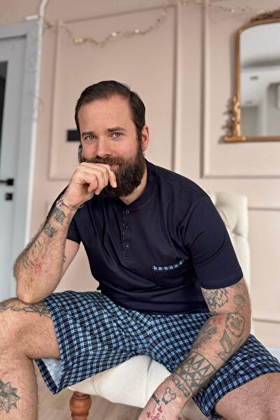 Pijamaevi Koyu Lacivert Ekose Cep Detaylı Şortlu Kısa Kollu Erkek Pijama Takımı