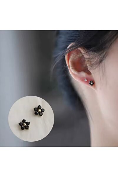 BY DİLEK ÇETİN ACCESSORY Çelik Siyah Taşlı Çiçek Model Tragus Kıkırdak Helix ...