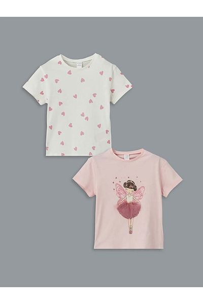 LC Waikiki LCW Kids Pink Crew Neck εμπριμέ μπλουζάκι για κορίτσια 2 Συσκευασία
