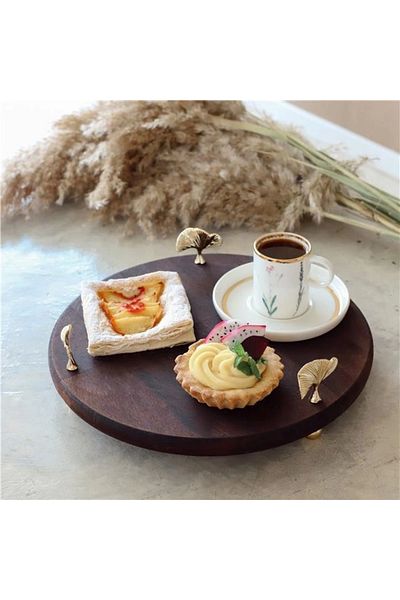 Akayev Wooden 28 Cm Gold Foot Ginkgo Round Presentation Plate