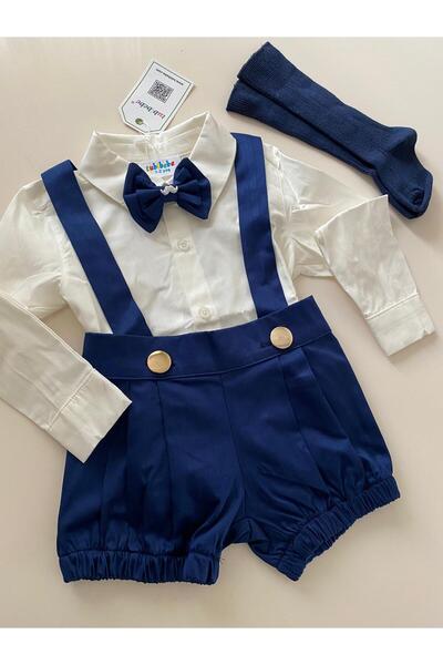 tubibebe 4'lü Lacivert Şort Salopet + Gömlek + Papyon + Çorap Takım