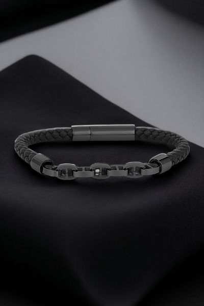Daniel Klein Original Men's Bracelet Genuine Leather Stainless Steel Detailed Black Color Snap Buckle