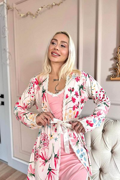 Pijamaevi Exkluzivní dámská pyžamová souprava Pink Paradise s pletenou županovou noční košilí
