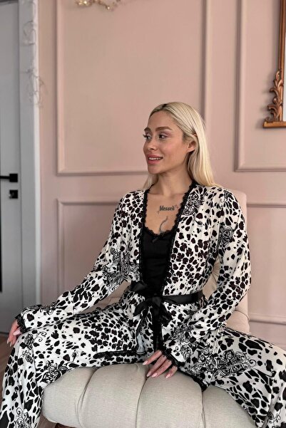 Pijamaevi Black and White Wild Elegance Exclusive Knitted Dressing Gown Women's Pajamas Set