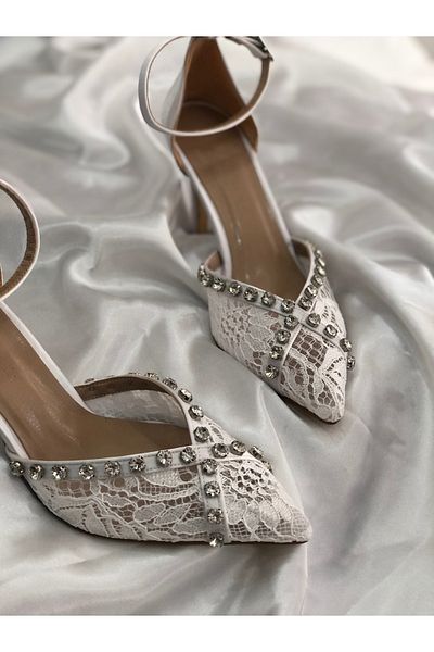 Hg Ayakkabı Vinita White Lace Rocked Satin Fabric 8,5 cm Heel Shoes
