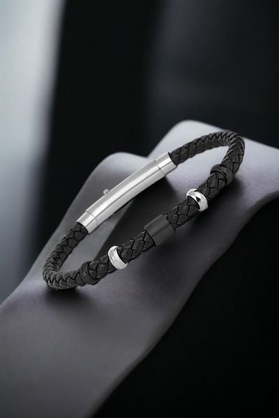 Daniel Klein Original Men's Bracelet Genuine Leather Stainless Steel Detailed Black Color Snap Buckle