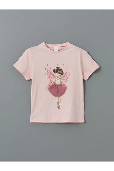 LC Waikiki LCW Kids Pink Crew Neck εμπριμέ μπλουζάκι για κορίτσια 2 Συσκευασία