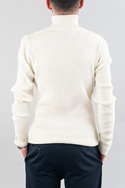 bombe Ανδρικό πουλόβερ με λεπτή εφαρμογή με βαμβακερό λαιμόκοψη λευκό