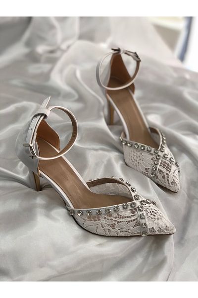 Hg Ayakkabı Vinita White Lace Rocked Satin Fabric 8,5 cm Heel Shoes