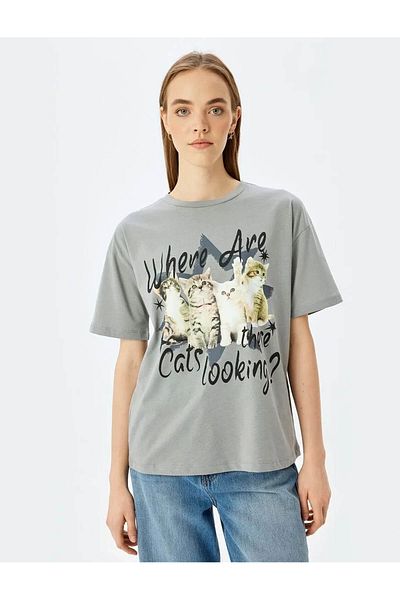Koton Tricou cu mânecă scurtă cu imprimeu de pisici gri pentru femei 5sal10139ık