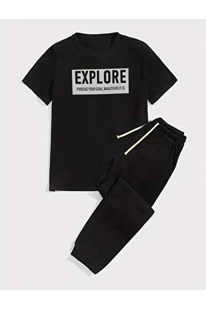 caddekombin Ανδρικό σετ αθλητικών φορμών Explore με στάμπα μαύρο Jogger - Άνε...