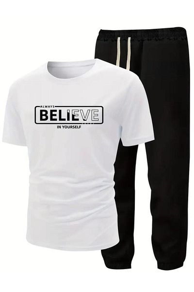 caddekombin Men's Believe Printed Comfortable Jogger Tracksuit Set - White