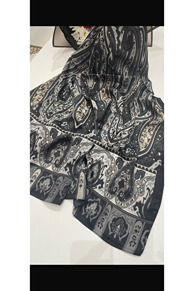 İpek İncili Dükkan Ithal Jaguar Desenli Vual Ipek Şal - Siyah