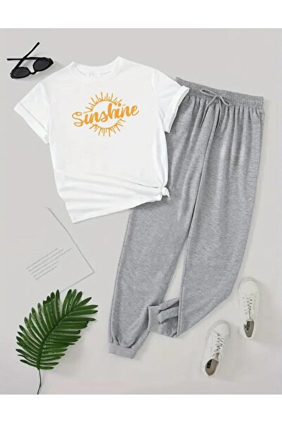 caddekombin Σετ γυναικείο μπλουζάκι και αθλητική φόρμα με στάμπα Sunshine - Γ...