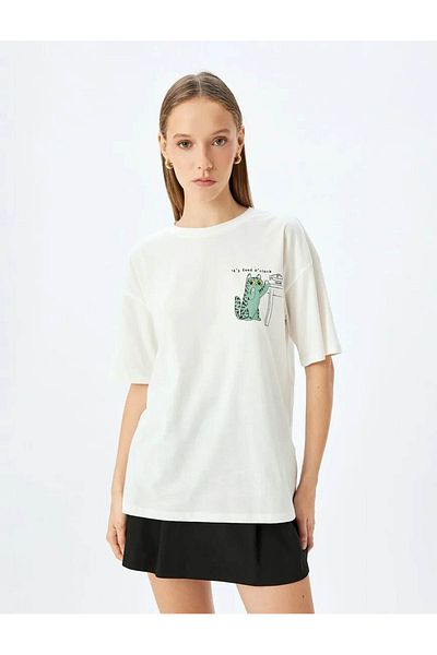 Koton Γυναικείο μπλουζάκι με στάμπα Cat Crew Neck Ecru 5sal10189ık