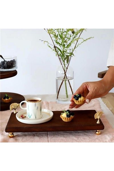 Akayev 30x14 Cm Ginkgo Presentation Plate - Wooden, Gold Legs