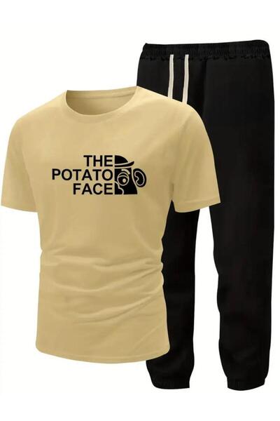 caddekombin طقم بدلة رياضية بيج للرجال - تي شيرت مطبوع عليه وجه بوتاتو وبنطال...