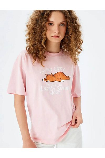 Koton Cat Printed Crew Neck Pink Women's T-Shirt 5Sal10145Ik