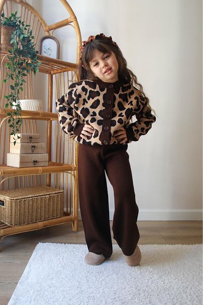 Elidabutik Leopard Print Trousers Cardigan Knitwear Set
