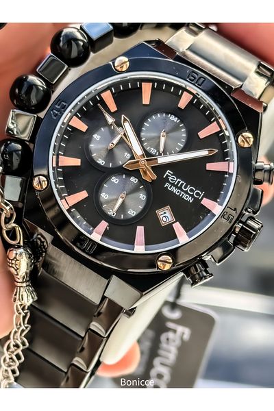 Ferrucci 45 mm Case Diameter, Functions Activated, Black Color, Calendar Men's Wrist Watch Bracelet with Rosary Gift