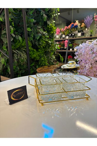 Paşabahçe Ars Pasabahce Timeless Gilded Square Bowl, 4-Piece Snack Bowl with Metal Gold Stand, Presentation, Breakfast